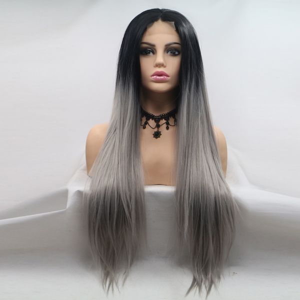 Nuevo color teñido negro y gris de color de peluca totalmente mecanizada Venta caliente Cabello liso Color Fibra química Fibra de alta temperatura