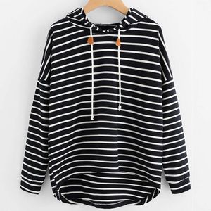 Nieuwe zwart-wit gestreepte losse hoodie gebreide trui met lange mouwen dames top T-shirt stijl stijl