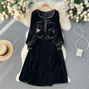 Nouveau noir robes décontractées printemps automne solide mince pleine dame robe une ligne col en V en mousseline de soie pull mi-mollet taille haute femmes robes 2023