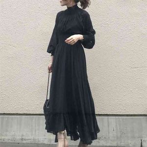 Nouvelle robe noire élégante Fashion coréenne Femmes One Piece à manches longues Haute Taunique Vestido Dames Ruffle Long Maxi Robes 210401