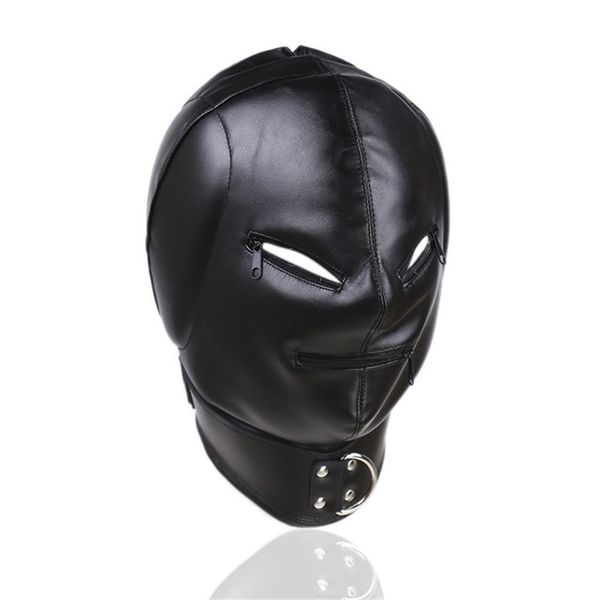 Nouveau noir fétiche capuche couvre-chef en cuir PU fermeture éclair entièrement fermé BDSM Bondage sexy masque jouets pour adultes jeux oreille avec éponge