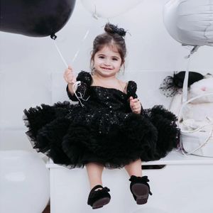 Nouveau noir fleur filles robes arc à paillettes enfants robes de bal enfants robe de soirée de mariage sur mesure