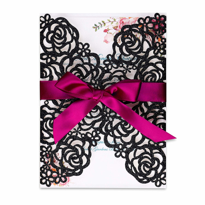 웨딩 신부 샤워 약혼 생일 졸업 파티 초대장을위한 부르고뉴 리본으로 새로운 검은 색 반짝이 레이저 컷 초대장 카드