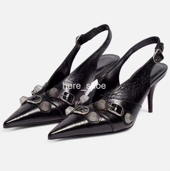 Nouveau noir pointu Slingback femmes talons hauts pointe boucle en métal décoration chaussures pour femmes mode dos jachère chaton talon robe 90mm créateur de luxe