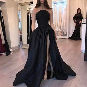 Nouveau noir robes De bal Robe De bal balayage Train haute fente Satin Sexy fête Maxys longue Robe De bal Robe De soirée Robe De soirée