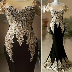 Nieuwe zwarte prom -jurken formele avondfeestje optocht jurken kralen kristallen zeemeermin Afrikaanse Dubai lycra cap mouw pure nek goedkoop