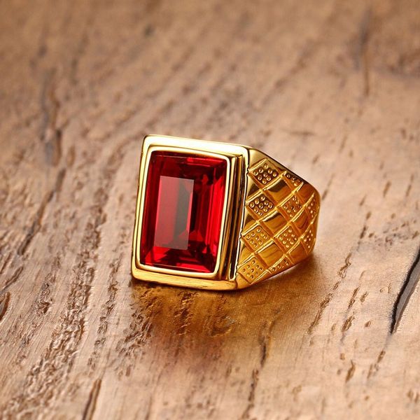 Nuevo Anillo de sello para hombre, negro, rojo, amarillo de 14k, piedra de circón roja cuadrada, marcas de fiesta, joyería clásica masculina a la moda para mujer