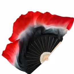 Nouveau Noir Rouge Dégradé Yangko Danse Fan Véritable Voile De Soie Côtes De Bambou Double Face 1 Paire Spectacle Props Performance Court Fan w5mS #