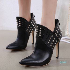 Rivets noirs talons hauts chaussons design haut PU bout pointu bottillons designer bottes mode femmes chaussures