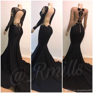 Nouveau noir sexy sirène robes de bal or applique col en V dos nu haut côté fendu manches longues longueur de plancher tenue de soirée robe formelle personnalisée