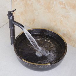 Nouveau dessus noir en céramique de haute qualité noir avec pivoine motif lavabo éviers bol bambou chaud et froid cuivre robinet Aiorj