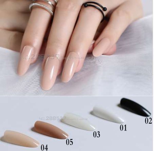 Nouveau noir blanc amande longue tête ovale couleur unie rond soufflé faux ongles 24 pièces ensemble complet produit final conseils complets faux ongles