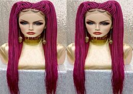 Nieuwe Blackpink Red Color Crochet gevlochten Wig Long Box Braids Full Lace Front Wig Synthetisch vlechthaar voor zwarte vrouwen6287092