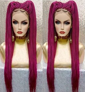 Nieuwe Blackpink Red Color Crochet gevlochten Wig Long Box Braids Full Lace Front Wig Synthetisch vlechthaar voor zwarte vrouwen6186169