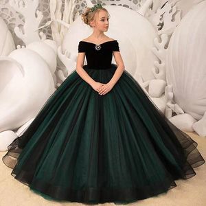 Nieuwe Blak Off Shoulder Pageant Formal Flower Girl's jurken Velvet jurken voor Little Princess Birthday Wedding Feest