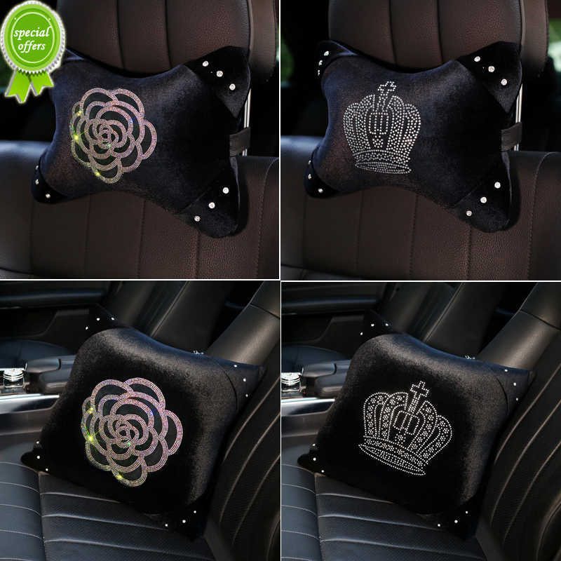 NY BLING CAMELLIA Flower Rhinestone Car Neck Pillow Winter Plush Diamond Auto Seat Streast midje Support Omslag Biltillbehör