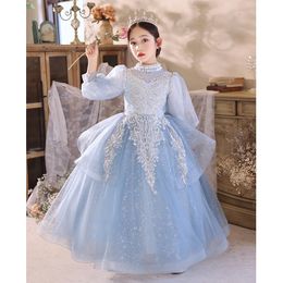 Nouvelle robe de bal bleue Organza Flower Girl Flowers Flowers Breads Crystals Tiers Toddler Pageant Robes For Weddings Holy Communion Robes 403
