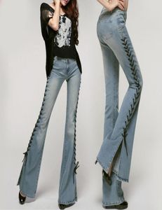 NIEUW BLAUWE BANDAGE LAATGE -VLAND JEANS VROUWEN Split hig taille Bell Bottom Jeans Stretch Skinny Trous Bell Bottoms 2011066485909