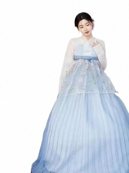 Hanbok bleu pour femmes, Costume traditionnel coréen, vêtements de cour de spectacle au palais de la minorité, pour fête de mariage, danse, Dr 126e #, nouvelle collection