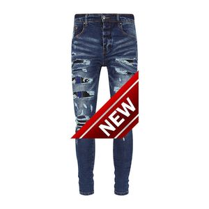 Nuevos pantalones vaqueros para hombre de moda de cuero con agujeros azules