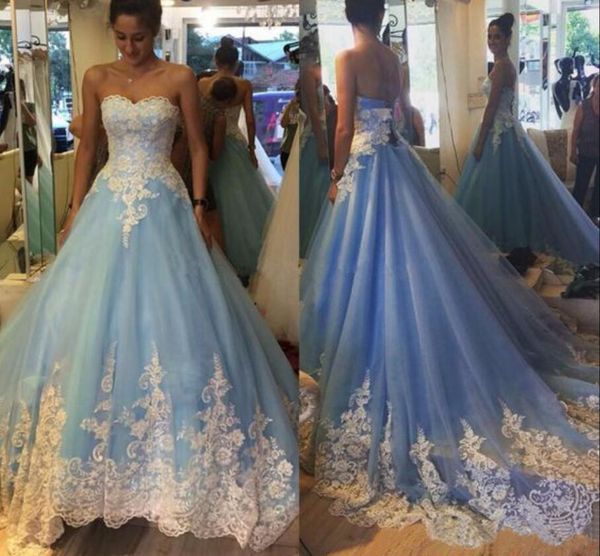 Nouveau bleu ivoire robe de bal robes de mariée longue dentelle appliques chérie corset princesse robes de mariée coloré non blanc robes de mariée modernes