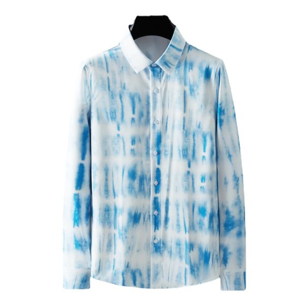 Nuevas camisas de hombre de tonos azules, camisas de vestir informales con efecto drapeado sencillo y estampado geométrico de manga larga de lujo para hombre
