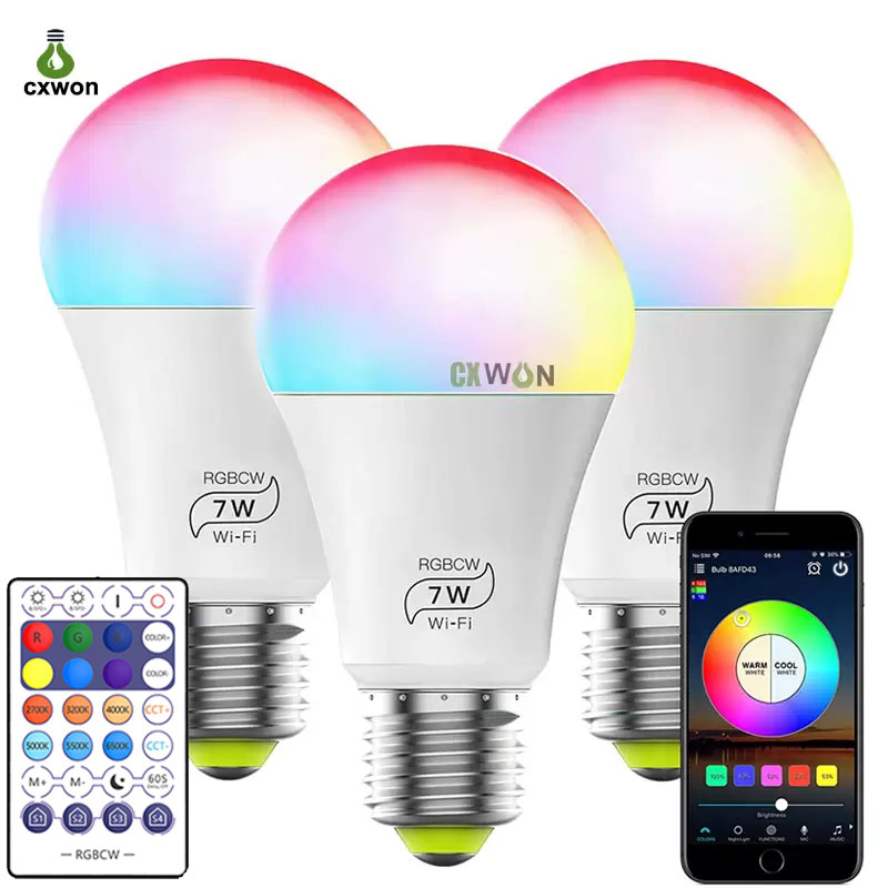 Smart Light Bulbs with Remote 7W E27 800LM LED Color Changing Lights Bulb WiFi Bluetooth 5.0 Warm to Cool White Dimmable RGB Home Lighting Work with Alexa