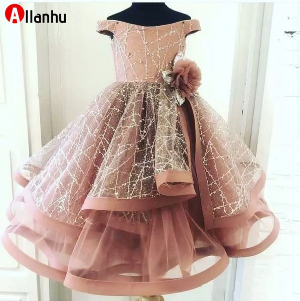 NOUVEAU! Blush Rose 2022 Robes De Fille De Fleur Robe De Bal Petites Filles Robes De Mariée Vintage Hors Épaule Communion Pageant Robe DWJ0208