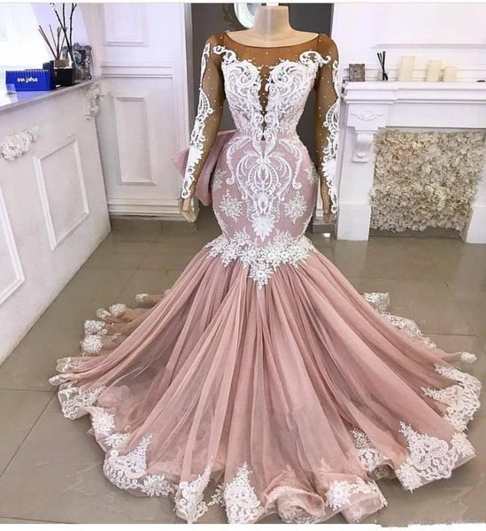Nuevo rubor rosa árabe mangas largas vestidos de fiesta sirena joya de joya ilusión blanca apliques vestidos de noche formales parte7366972