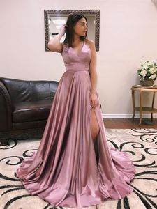 Nieuwe blush roze jurken v-neck a-line satijnen spleet backless elegante elegante lange formele avondjurk prom jurk robe de soiree