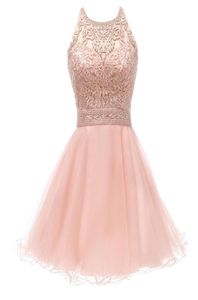 Nieuwe blush short prom jurken halter kanten appliques kralen een lijn ruches rok crissecross terug homecoming jurk afstuderen prom g5852493