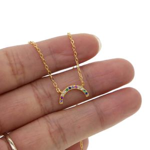 NIEUWE Bohemen 100% 925 Sterling Zilver Regenboog Ketting in Sieraden Eenvoudige Maan Pendents Kleurrijke Cz Glanzend Cadeaus voor Vrouwen Meisjes