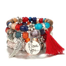 Nieuwe Bohemian Beaded Armband Wings Letter Tassel Flowers Beads Bangle 4pcs / Set Multilayer Stretch Stackable Armbanden Sieraden