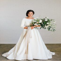 Nieuwe Boho A-Line Soft Satin Modest Wedding Jurken met 3 4 mouwen kralen blet low back country bruidsjurken 2020 op maat gemaakte couture 324m
