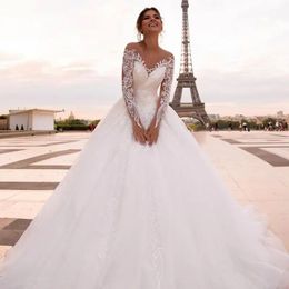 Nouveau Boho A Line Robes de mariée pour la mariée à manches longues Tulle Beach Wed Robe Robes de Novia Designer de luxe 2024 Robes de mariée sexy Robe de mariée en dentelle perlée