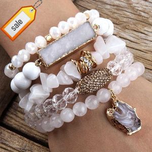 Nieuwe boho sieraden natuursteen chip rhinestone pave klei pinda elastische armband onregelmatige druzy hanger stack armbanden set