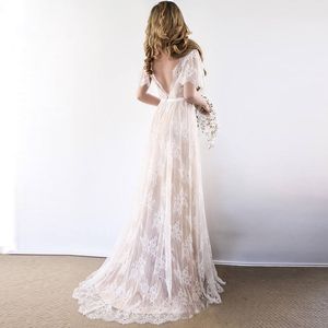 NIEUWE BOHO Trouwjurk 2020 V-hals Cap Mouw Kant Strand Trouwjurk Goedkope Backless Custom Made Bruid Jurken Robe de Mariage