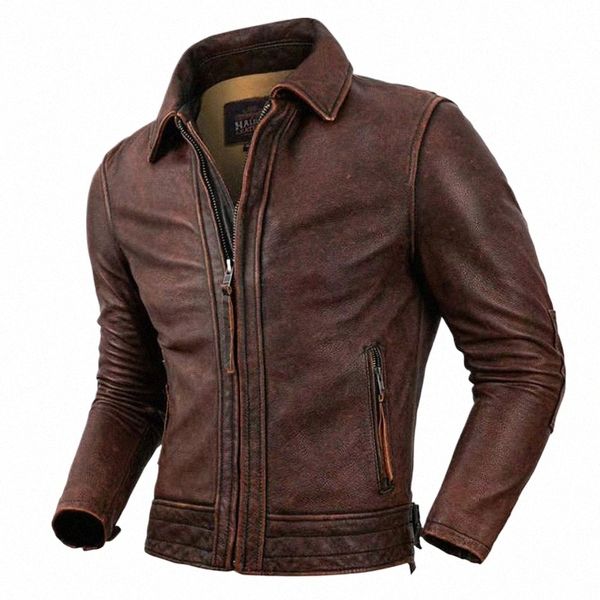 Nueva chaqueta de bombardero 100% capa superior de cuero de vaca de alta calidad retro rojo marrón solapa motocicleta esmoquin chaqueta de hombre I95z #