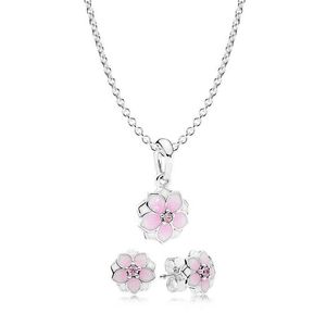 NIEUW Boek Di 925 Sterling Zilver Magnolia Bloom Ketting en Oorbel Set fit charm originele Ketting Vrouwen sieraden Een Set AA220315