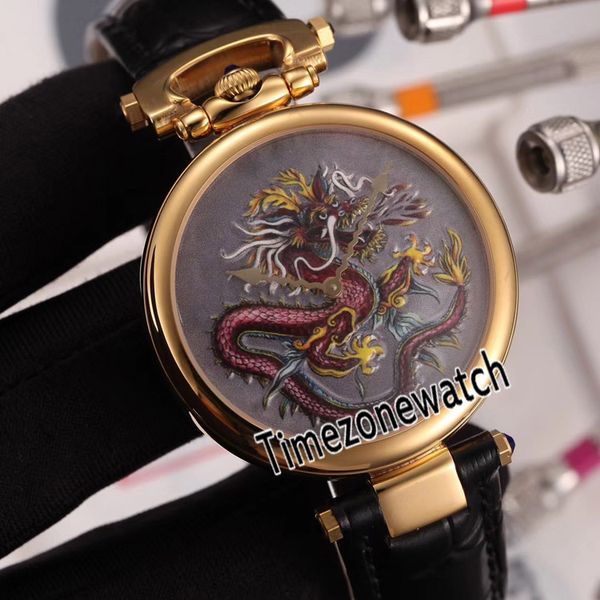 Nouveau Bovet Fleurier Amadeo 46mm Quartz Suisse Montre Homme Or Jaune 18K Dragon Chinois Totem Tatouage Peint Cadran Cuir Timezonewatch E05a1