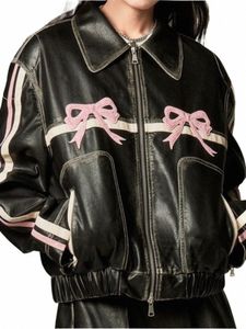 Nuevo Bow Y2k Motocicleta PU Chaqueta de cuero Fi Mujeres Cremallera Polo-cuello Dulce Abrigo fresco 2023 Otoño Vintage Street Oversize Top 40fz #