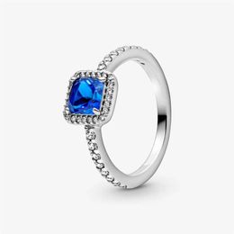 Nieuwe Merk 100% 925 Sterling Zilver Blauw Vierkant Sparkle Halo Ring Voor Vrouwen Trouwringen Mode Jewelry284l