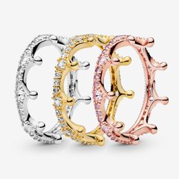 Anillos de corona brillantes transparentes de Plata de Ley 100% 925 para mujer, anillo de compromiso de boda a la moda, joyería