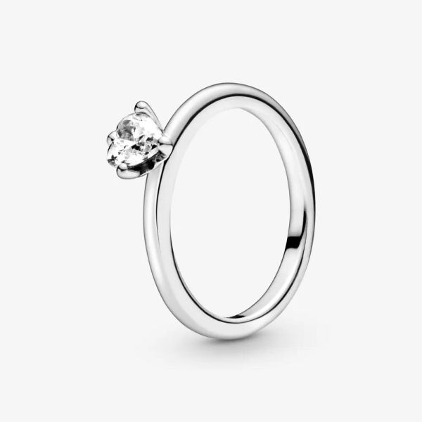 Nueva marca de anillo de banda de alto pulido, anillo solitario de corazón transparente de Plata de Ley 925 para mujer, anillos de boda, joyería de moda