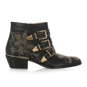 Nouvelle marque de luxe femmes bottes mode en cuir véritable femmes or clouté sangle bottines à talons bas bottes à pointes