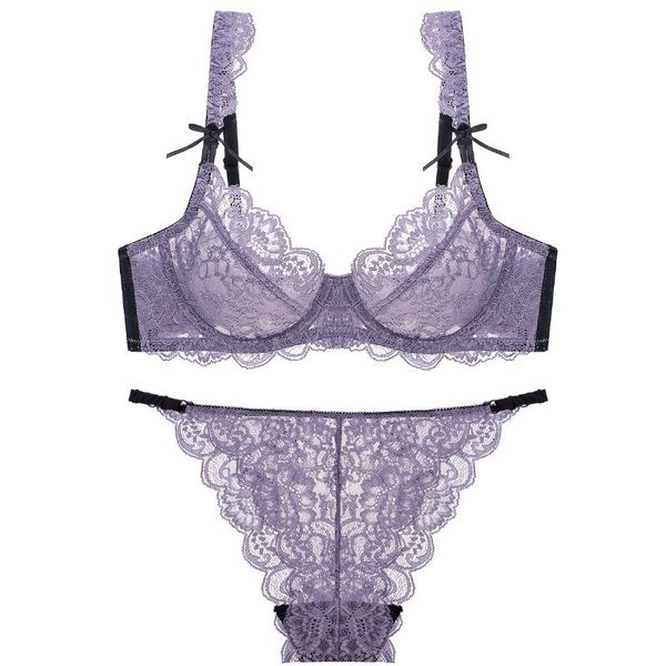 Nueva marca Lencería púrpura Conjunto de sujetador sexy Talla grande B C D Copa Ropa interior de encaje blanco Conjunto de sujetadores transparentes Bordado Mujeres Brassiere LJ201031