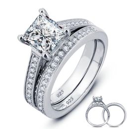 Nueva marca de calidad superior Plata de Ley 925 auténtica conjunto de anillos de boda con diamantes para mujer compromiso de boda de plata fino 220U