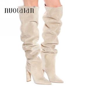 Nouvelle marque femmes bottes mode talons hauts faux suède sur le genou haute bottes longues slouchy hiver femme cuissardes chaussures Y0914