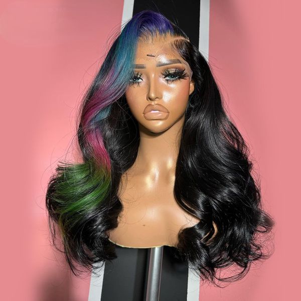 Nouvelle-brésilienne Blue Highlight Lace Lace Front Perruques de cheveux humains Transparent Lace Frontal Wig Body Lace Lace Front Wig Synthetic Fermeure Wig