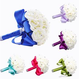 Nouveau Bouquet De Mariée Décoration De Mariage Artificielle Demoiselle D'honneur Fleur Cristal De Soie Rose WF001 Bleu Royal Menthe Blanc Vert Lilas Cheap301H